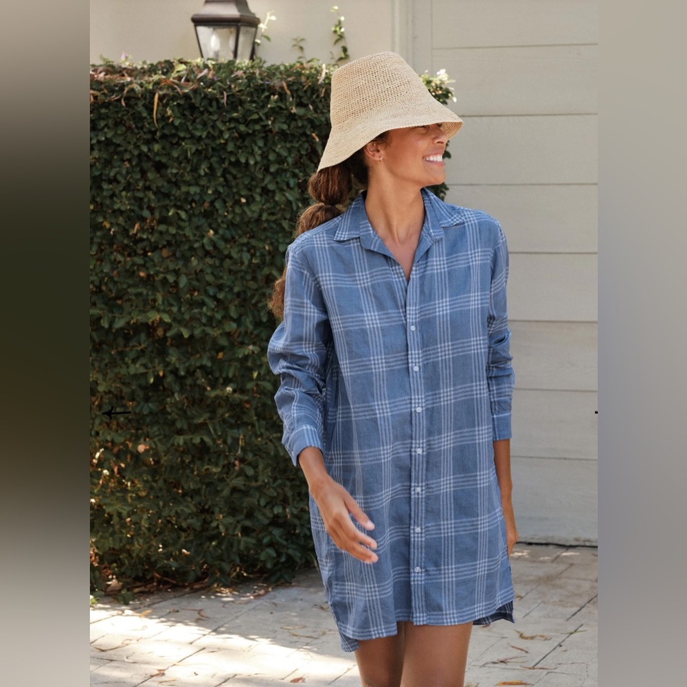 Frank & Eileen Hunter Woven Button Up Dress in Blue Plaid Linen